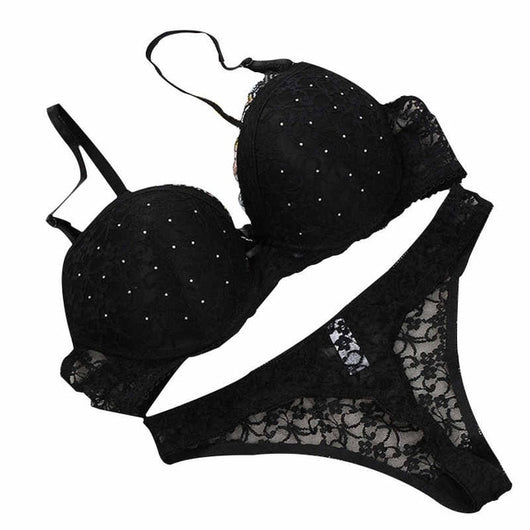 Sexy Women Black Noir White Lace Drill Bra Set